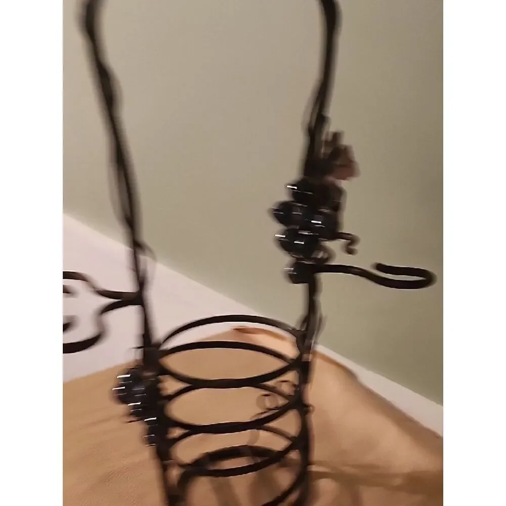 Wrought Iron Wine Bottle Holder with Leaf & Grape Accents - Brown